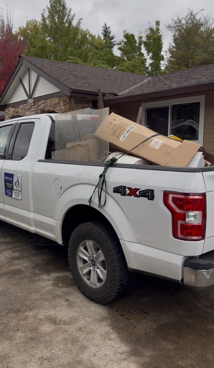 Pickup truck loaded with boxes and containers